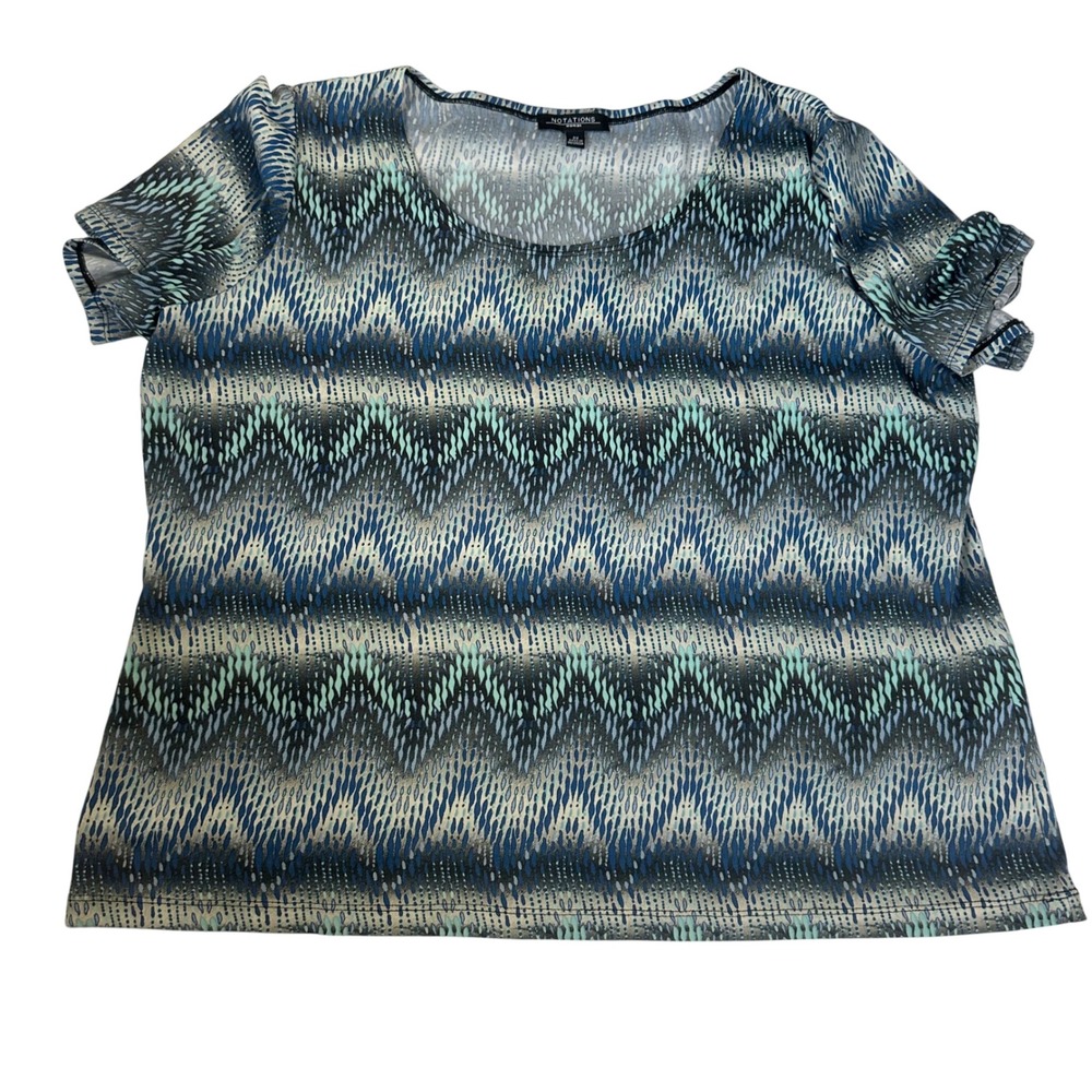 Notations Woman Blue Teal Abstract Chevron Print Short Sleeve Top 2X WZPU0183